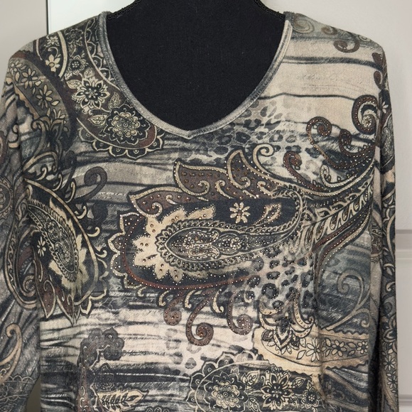 Chico’s Beaded Dolman Sleeve Sweater Top Sz 1 M 8 Tan Brown Green - Picture 3 of 9